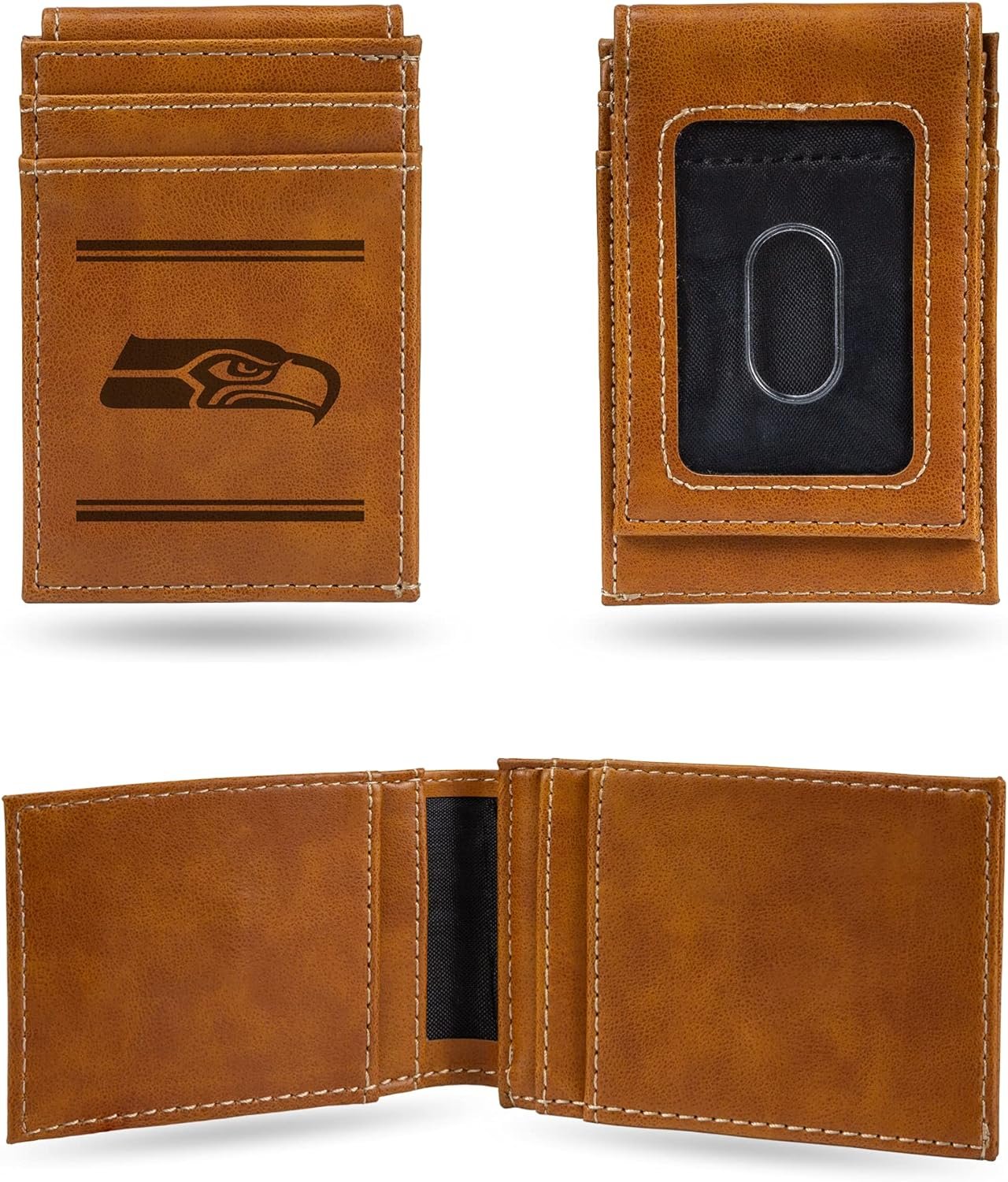 Rico Industries NFL Seattle Seahawks Premium Laser Engraved Vegan Brown Leather Front Pocket Wallet - Compact and Slim yet Sturdy Design - Perfect to Show Your Team Pride or Gift