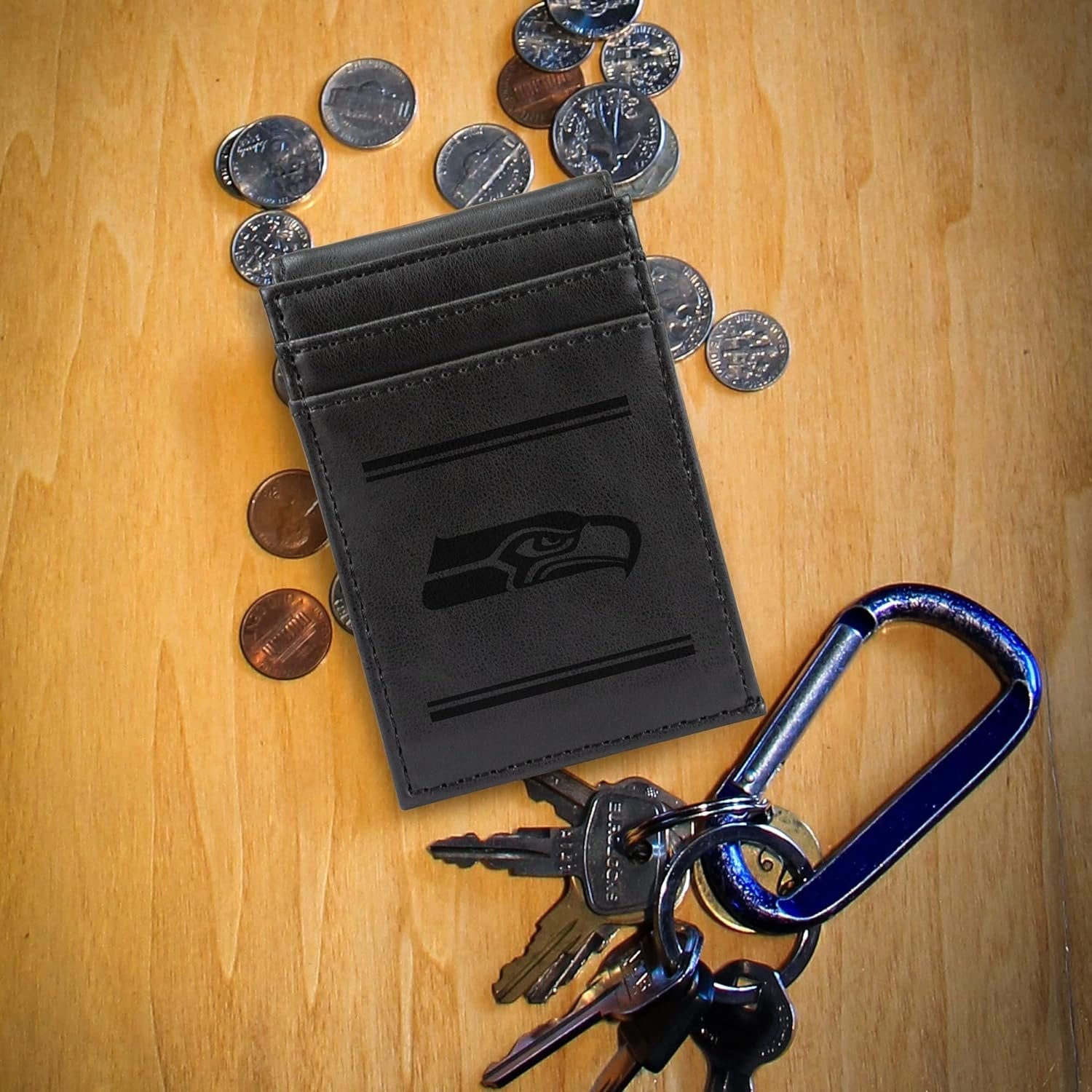 Seattle Seahawks Premium Black Leather Wallet, Front Pocket Magnetic Money Clip, Laser Engraved, Vegan